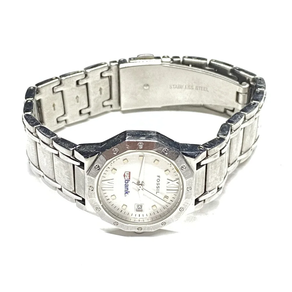Fossil PR5313 Wrist Watch Silver Tone US Bank Logo Gift Needs Battery